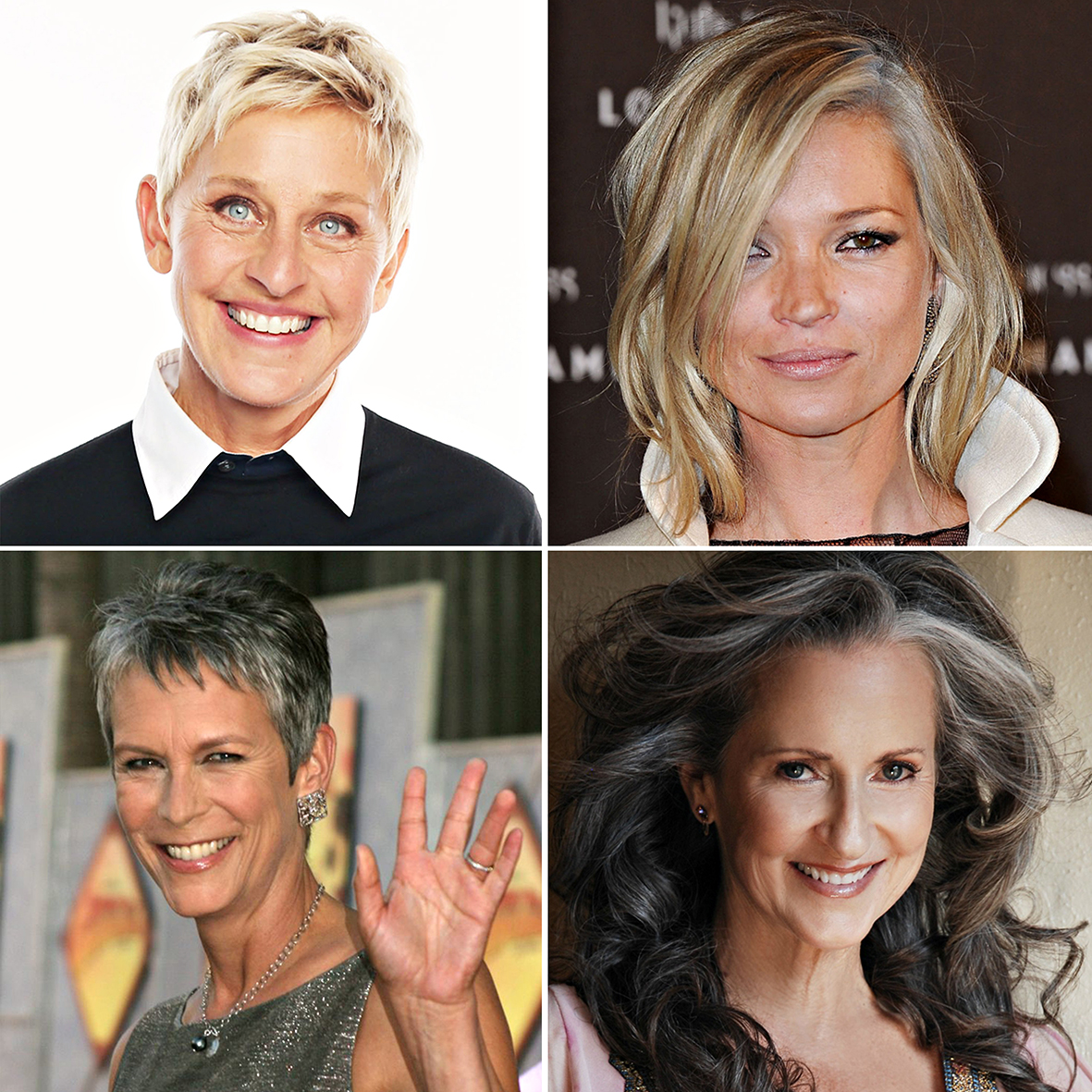 Grisalhas e lindas, Ellen DeGeneres (57), Kate Moss (40), Jamie Lee Curtis (56) e Denise Buchoz (52) assumiram os brancos e ditam moda entre as mulheres maduras e descoladas.